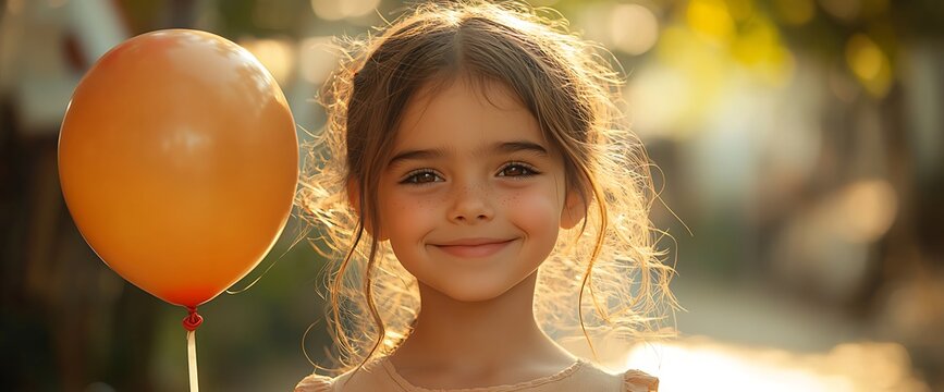 Happy girl holding balloon, sunny park, bokeh background, birthday