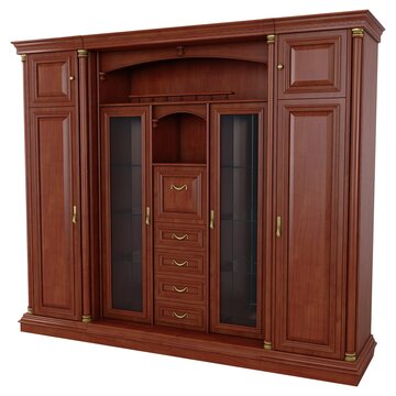 Wall Unit - Large classic wooden wall unit cabinet with glass doors and drawers, isolated on a white background. 3D render image