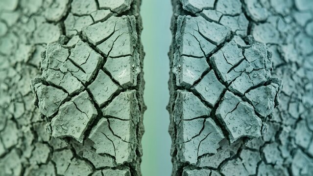Close-up abstract view of cracked dry earth texture with a symmetrical split down the middle, teal and green hues.