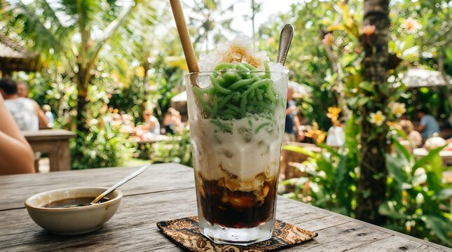 Tall glass of traditional Indonesian Es Cendol dessert drink layered with palm sugar syrup, creamy coconut milk, bright green pandan jelly strands, and shaved ice.