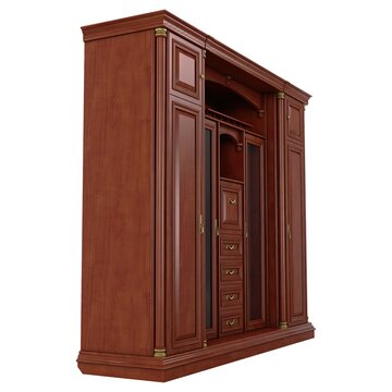 Wall Unit - Large classic wooden wall unit cabinet with glass doors and drawers, isolated on a white background. 3D render image