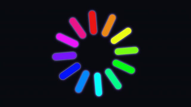 Colorful loading icon circle. Vibrant rainbow spectrum progress spinner on black background.