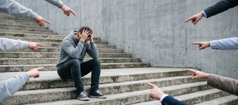 Stressed man sitting on stairs surrounded by accusatory pointing hands
