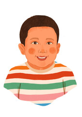 Cute digital illustration of a smiling boy portrait wearing a colorful striped t-shirt isolated on white background