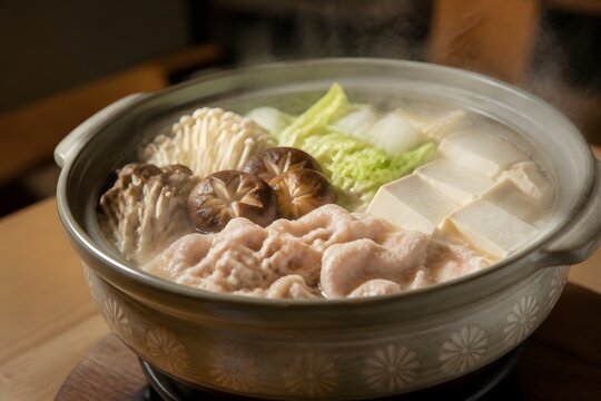Japanese nabe hot pot dinner with vegetables and tofu steaming