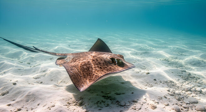 A spotted stingray swimming in clear shallow blue ocean water