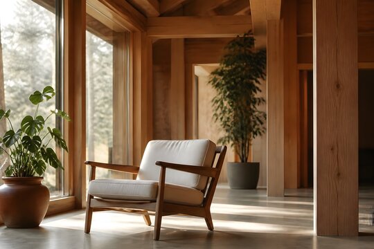 Modern mass timber building interior with warm wooden beams
