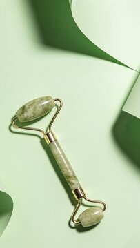 Generative AI showcases a facial roller and skincare setup on a soft green background