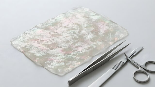 Close-up of a sheet of translucent, iridescent material resembling biological tissue, alongside medical instruments like tweezers, scalpel, and scissors on a white background.