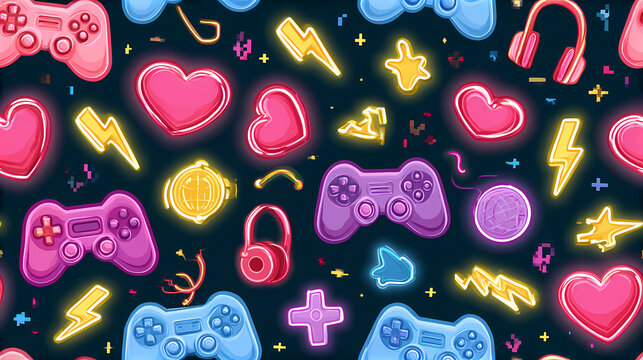Gamer Seamless Pattern with Neon Game Controllers, Gaming Headsets, Pixel Hearts and Lightning Bolts