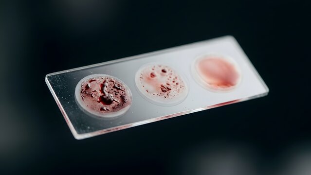 Microscope slide with blood samples showing different textures and colors, on a dark background