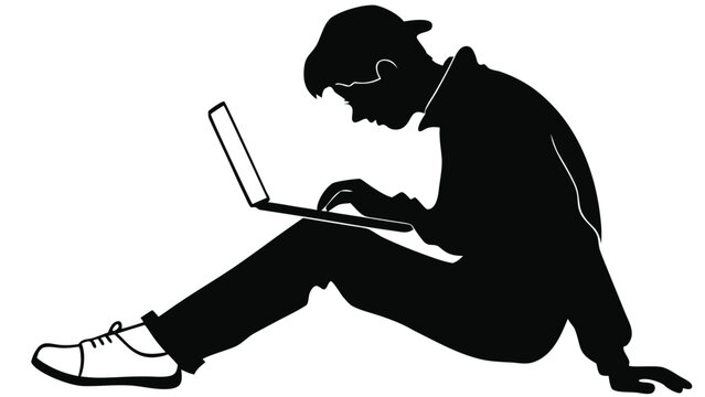 Minimalist silhouette of man with laptop, young male student using computer on floor, black and white person working on notebook vector