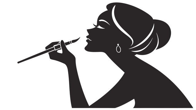 Elegant makeup artist silhouette, woman applying lipstick with brush vector, beauty salon logo and cosmetics branding icon