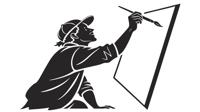 Artist silhouette painting on canvas vector, creative painter with brush illustration, black and white artistic hobby graphic