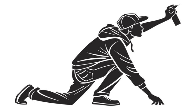 Graffiti artist silhouette with spray can, urban street artist vector illustration, man in hoodie painting mural