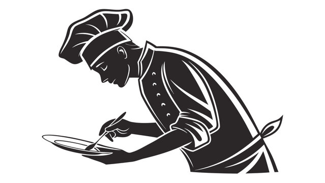 Professional chef silhouette plating food, culinary expert vector illustration, restaurant kitchen staff logo, black and white cook icon