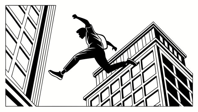 Parkour athlete jumping between city buildings, urban free running silhouette, black and white extreme sports vector illustration