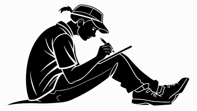 Minimalist black silhouette of artist drawing, creative person sketching on tablet, young illustrator vector graphic