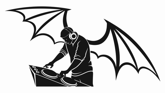 Gothic DJ silhouette with bat wings, dark electronic music producer vector, mythical club performer icon for party posters
