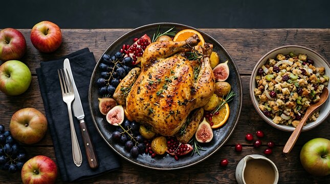 Whole roasted chicken garnished with grapes, figs, and orange slices on a dark plate, served with stuffing and fresh apples on a wooden table