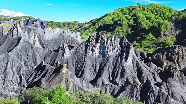 Aerial view of sharp gray rock formations and green hills under a clear blue sky in Moshi Park, Garze, Sichuan, China