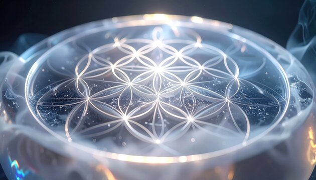 Sacred geometry flower of life etched on glass bowl.
