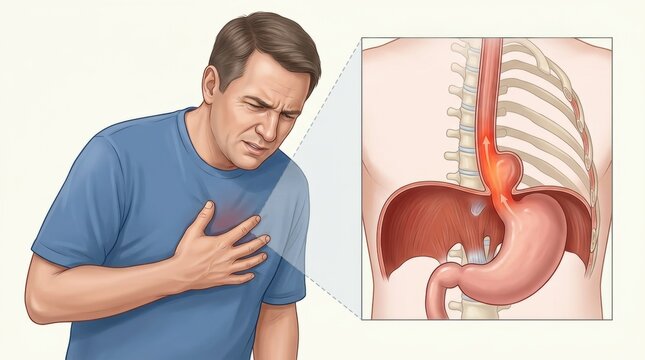 Man experiencing chest pain due to hiatal hernia, medical illustration