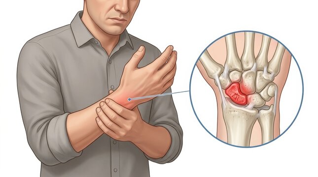 Man experiencing wrist pain with detailed anatomical illustration of scaphoid bone