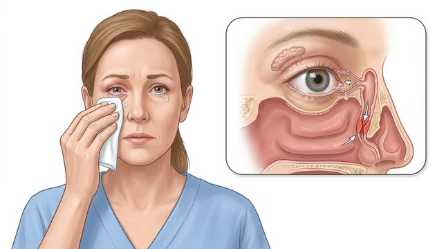 Woman with red eye and nasal anatomy illustration showing sinus inflammation