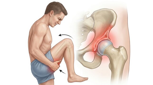 Man experiencing hip pain with anatomical illustration of inflamed joint