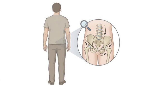 Illustration of human pelvis and spine with arrows indicating movement
