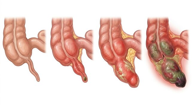 Illustration showing the progression of diverticulitis from mild inflammation to severe complications