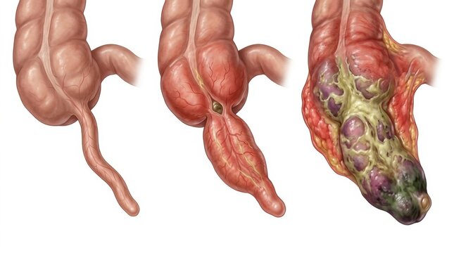 Illustration showing the progression of diverticulitis in the colon