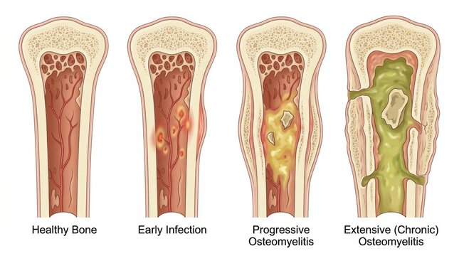 Stages of osteomyelitis progression from healthy bone to chronic infection