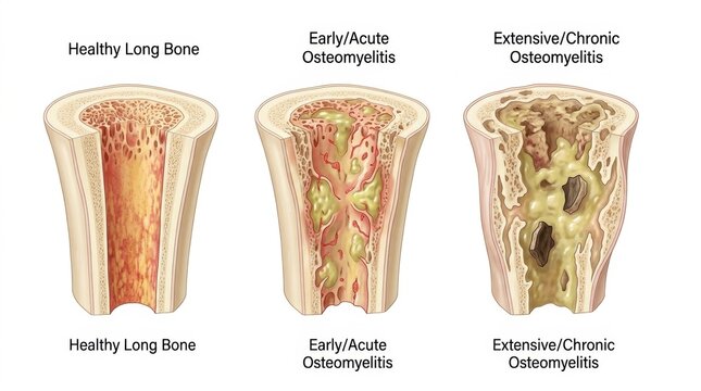 Comparison of healthy bone and osteomyelitis stages in a long bone cross-section