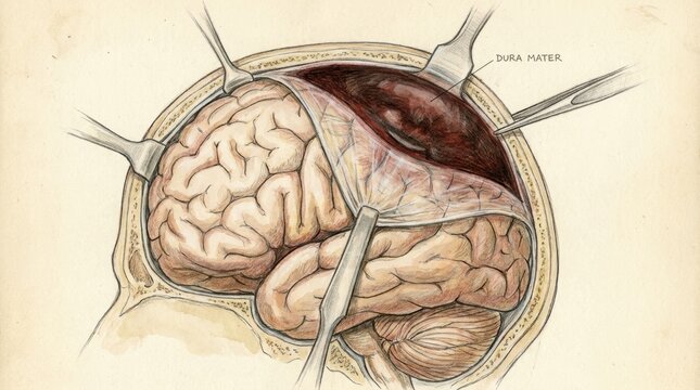 Surgical view of the human brain dura mater and cerebral cortex during craniotomy