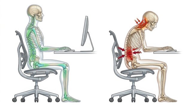 Comparing good and bad posture while sitting at a computer desk