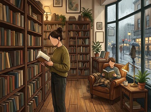 Cozy Independent Bookstore Rainy Afternoon Reading Lifestyle Illustration