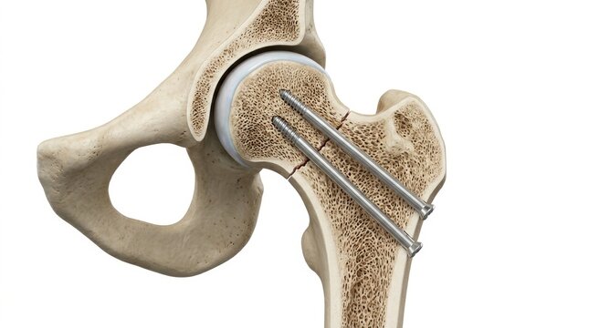 Surgical repair of a fractured hip with internal fixation screws