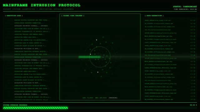 Mainframe Intrusion Protocol Hacker Data Breach Animation.