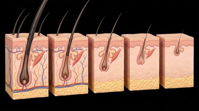 Cross-section of human skin showing hair follicle growth stages and structures