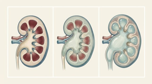 Illustration showing healthy and diseased kidney cross-sections side by side