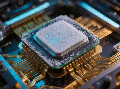 Macro view of quantum computer processor with frost and golden wiring