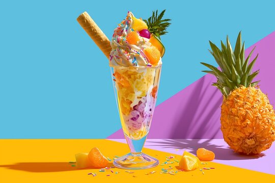 Tropical fruit parfait in a tall glass with a whole pineapple against a vibrant three-tone color blocking background with summer hard shadows
