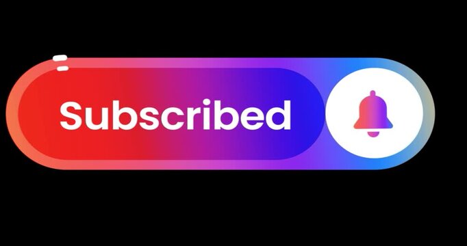 Modern gradient YouTube subscribe button and notification bell animation with green cursor click and particle effects on black background. Social media call to action lower third