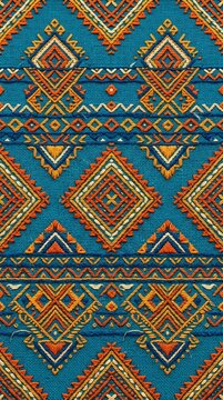 Seamless ethnic embroidery pattern with geometric shapes and tribal motifs on blue fabric background