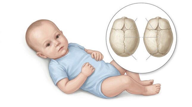 Illustration of infant skull sutures and fontanelles for medical study