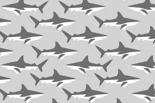 Seamless repeatable pattern of minimalist graphic sharks on light gray background
