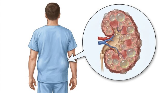 Illustration of a person with polycystic kidney disease and a magnified view of the affected organ