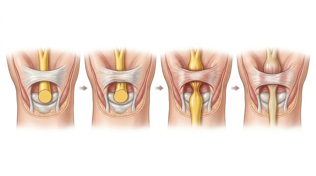 Medical illustration showing the progression of nerve entrapment and compression